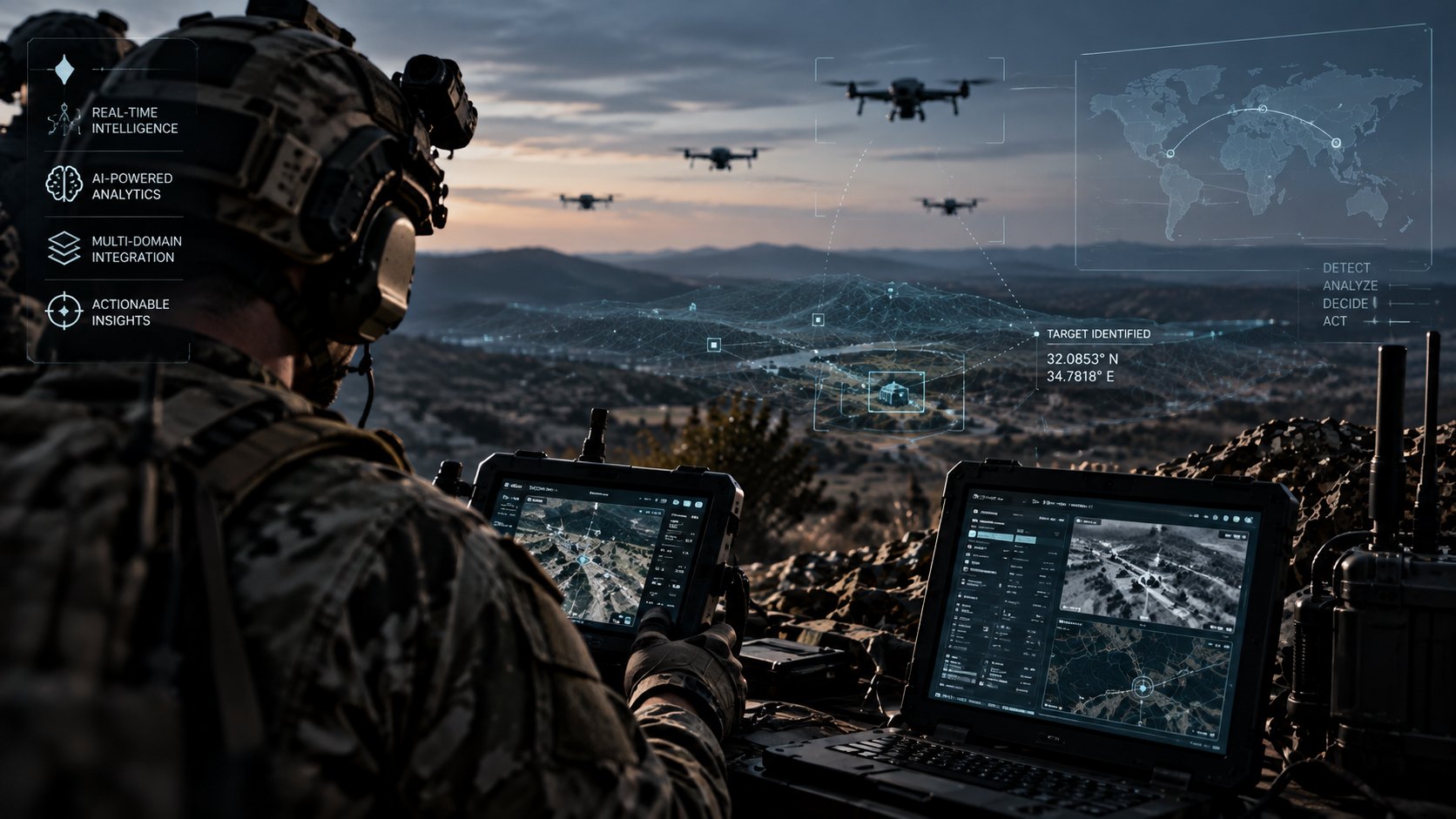 Operator at a field command post with rugged tablets while drones fly over the valley